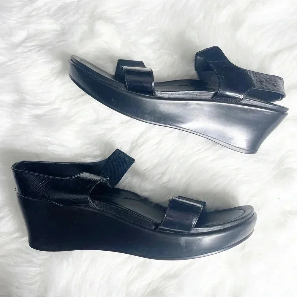 Dansko Black Leather Wedge Sandals